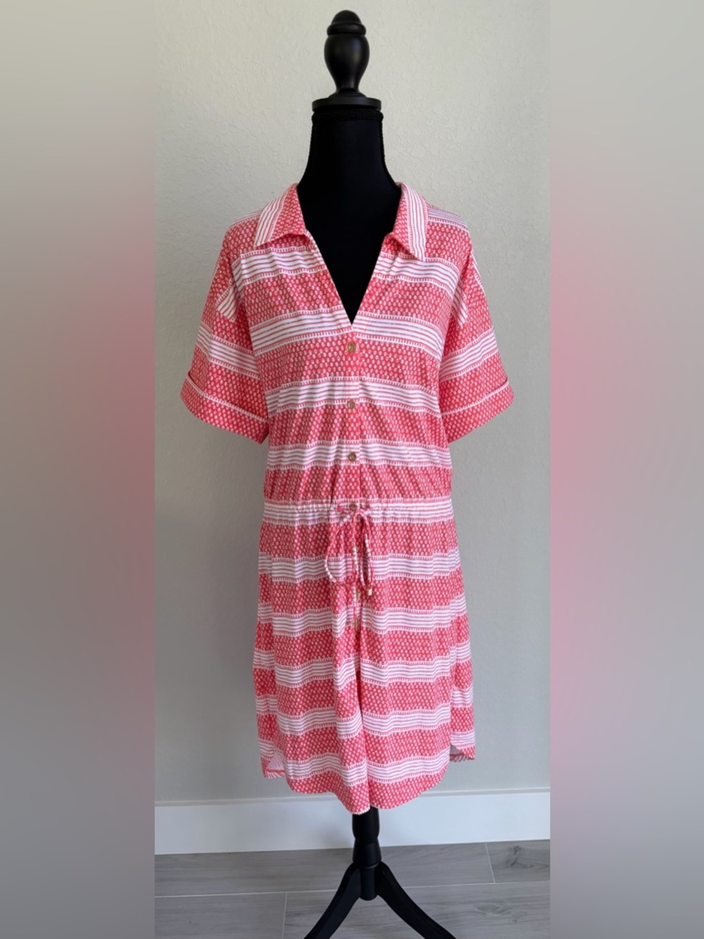 EUC Cabana Life Coral & White UPF 50+ Nantucket Button‎ Down Shirt Dress, XL